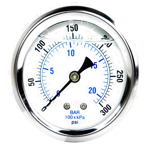 LIQUID FILLED GAUGE New Stainless Steel Liquid Filled Pressure Gauge WOG Water Oil Gas 0 to 300 PSI Center Back Mount 0-300 1/4