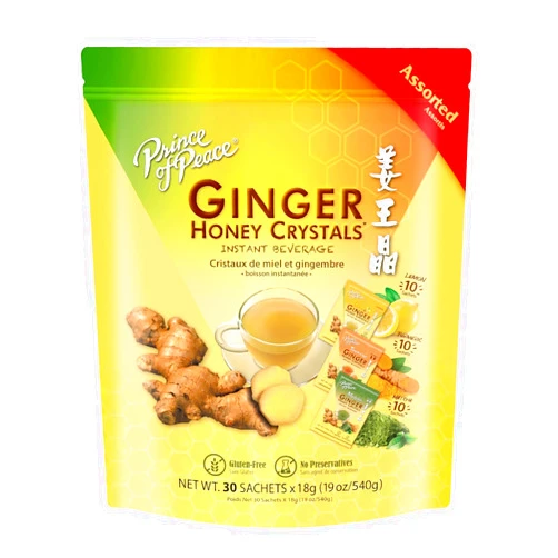 Prince of Peace Instant Ginger Honey Crystals in Assorted Flavors, Turmeric, Lemon, and Matcha, 30 Sachets – Instant Hot or Cold Beverage that Soothes Throat – Easy to Brew – Tea Drink – Gluten Free –