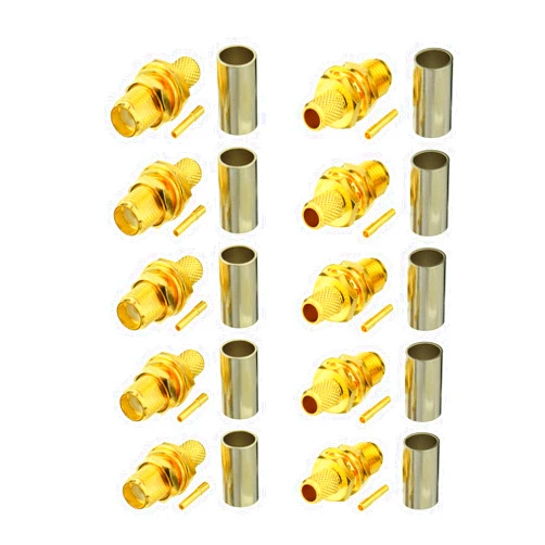 Bingfu SMA Female Bulkhead Mount Crimp Solder Attachment 50 Ohm Gold Plated Copper Connector (10-Pack) Compatible with RG58 RG303 RG141 RG142 RG400 Low Loss 195 Coaxial Coax Jumper Cable
