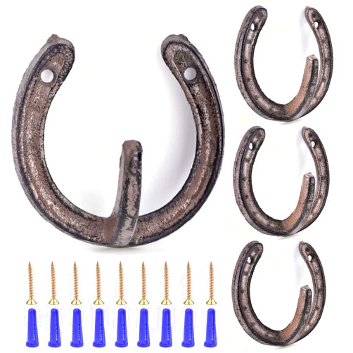 CAPHONT 4 PCS Coat Hooks Cast Iron Wall Hooks Horseshoe Hooks Vintage Hanger for Hanging Coat Hat Bags Key Towel(Rust)
