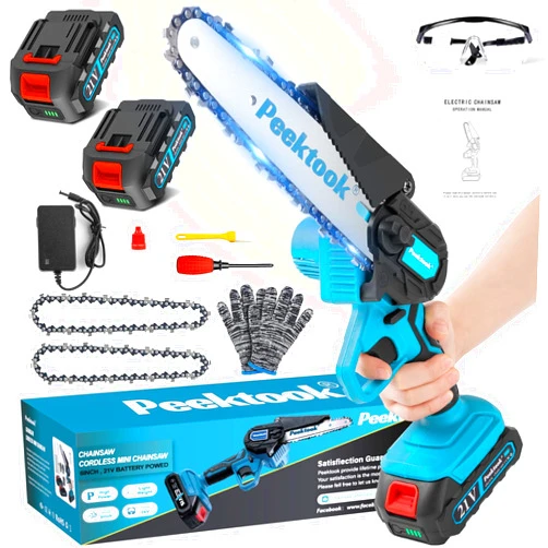 Peektook Mini Chainsaw Cordless 6Inch, Peektook Chain Saw Electric Chainsaw Battery Chainsaw with 2 2.0Amh Battery & 2 Chains, Small Chainsaw Electric Saw with Strong Motor for Tree Trimming, branches cutting