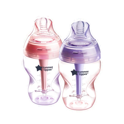 Tommee Tippee Baby Bottles, Advanced Anti-Colic Baby Bottle with Slow & Medium Flow Breast-Like Nipple, 9oz, 0m+, Self-Sterilizing, Baby Feeding Essentials, Pack of 2