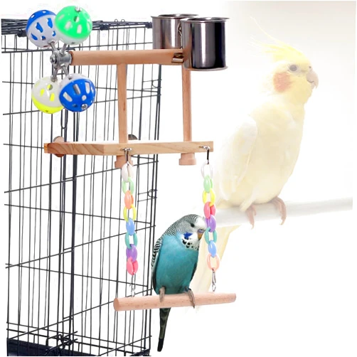 Hereex Bird Swing Platform, Bird Stand Perch with Rotating Balls Toy and Cups, Parrot Parakeet Play Gyms Exercise Stands Mounted on Cage for Green Cheeks, Chinchilla, Hamster Budgie (Chain Swing)
