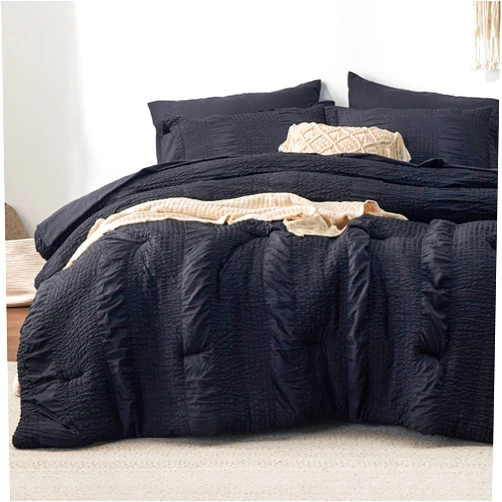 Bedsure Twin Comforter Set - 5 Pieces Striped Seersucker Jacquard Comforter Bedding Set, Bed in a Bag with Comforter, Flat Sheet, Fitted Sheet, Pillowcase & Sham, Black