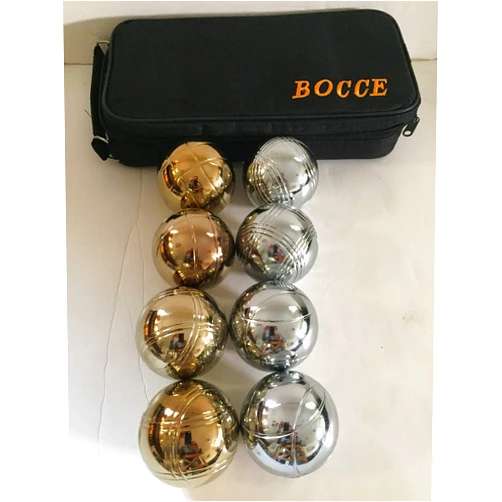 BuyBocceBalls Listing -73mm Metal Bocce/Petanque Set with 8 Gold and Silver Balls (4 Striping Patterns) and Blue Bag - Single