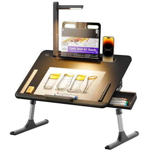 SAIJI Laptop Table with LED Desk Light, SAIJI Laptop Stand for Bed, Height Adjustments Bed Desk with Book Stand for Reading Writing Drawing (Black)