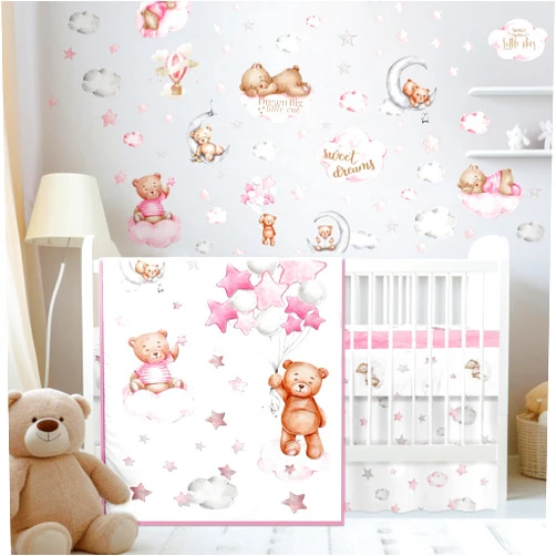 Mixweer 5 Pcs Crib Bedding Set for Toddlers Include Cloud Balloon Bear Theme Crib Sheets, Crib Skirt, Comforter, Pad Cover, Wall Stickers for Boys or Girls Nursery Bedding Sets(Pink)