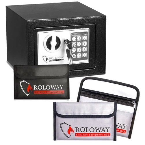 ROLOWAY Steel Small Money Safe Box with Fireproof Money Bag for Cash and Fireproof Money Bags (2-Pack Silver)