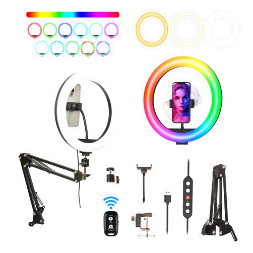 MRZHOUCASE Overhead Ring Light Selfie Light w Phone Holder 38 Color Modes Dimmable/Speed w Remote Control f Video Recording Meeting Live Streaming Tiktok YouTube (Black with 25mm Cantilever Holder)