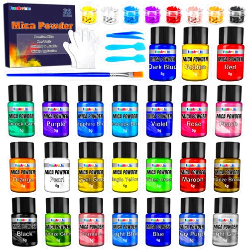 FansArriche Mica Powder for Epoxy Resin, 32 Colors X 5g Mica Pigment Powder Metallic Colors Shimmer Glitter Powder, for Soap Making,Bath Bomb, Candle Making, Art Crafts, Resin Dye, Nails, Slime