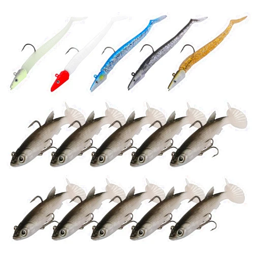 Goture Soft Fishing Lures jig Heads, Saltwater Freshwater Minnow Fishing Bait T Tail with jig Head, Fishing Lure Swim Shad Baits for Bass Fishing 15Pack C