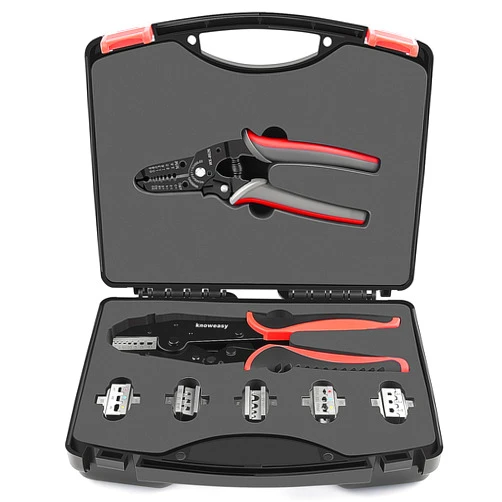 Knoweasy 8PCS Ratchet Crimping Tool Set with Automatic Wire Stripper, Heat Shrink, Non-Insulated, Open Barrel, Solar, and Ferrule Connectors, Pressure Regulating