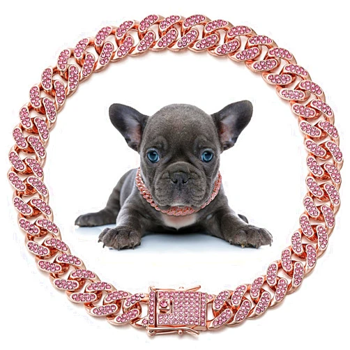 LEIFIDE Dog Chain Collar Diamond Link Puppy Collar 12 mm Wide Dog Necklace Metal Cat Chain Pet Crystal Necklace Jewelry Accessories for Small Medium Large Pet(10 Inch,Rose Gold, Pink)