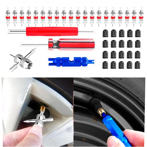 Kutyun 44Pcs Valve Stem Removal Tool, Spool Removal and Installation Tool-20Pcs Tire Valve Cores, 20Pcs Valve Stem Caps, 4-Way Valve Tool, Car Accessories Tire Repair Tool Universal for All Cars