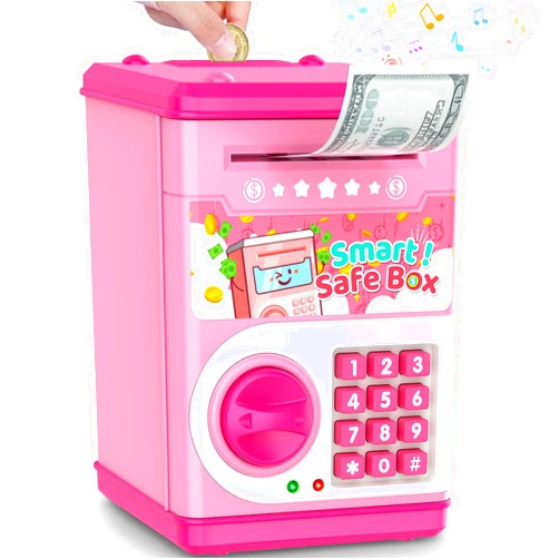 LJZJ Pink Piggy Bank for Kids with Password Code Lock and Auto Grab Bill Slot, PhilaeEC Real Money Cash Coin Can Saving Box Electronic Money Safe Bank, Hot Gift for 4 7 8 9 10 11 Year Old Boys Girls