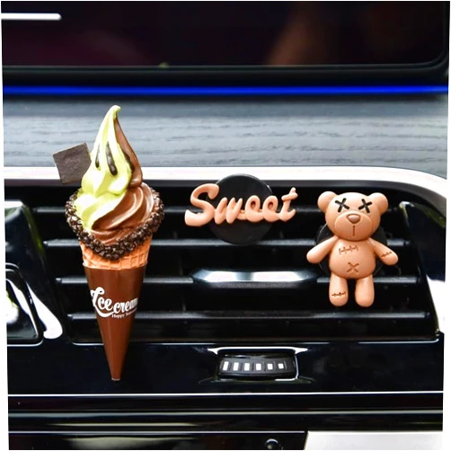 Wyuoot Cute Ice Cream Cone-Shaped Car Air Vent Perfume, Personalized Car Air Freshener and Interior Decorative Accessory for Women (Matcha+Xbear+ Sweet)