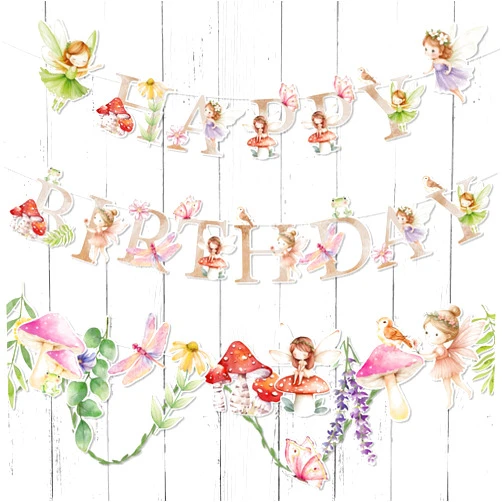 Yomjress Fairy Party Decorations Garden Fairies First Happy Birthday Banner Mushroom Flower Birthday Decoration Garden Fairies Tale Hanging Garland with Vine for Girls Spring Baby Shower Wedding Party Supplies