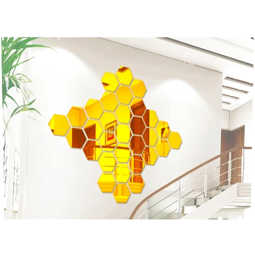 Yuanxue Mirror Wall Stickers, 31PCS Hexagon Mirror Art DIY Home Decorative Wall Mural Acrylic Self-Adhesive Wall Sheet Tiles for Living Room Bedroom (Gold,X-Small 46x40x23mm)