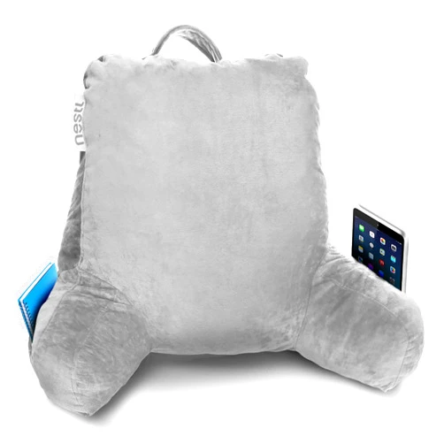 Nestl Reading Pillow Standard Bed Pillow, Back Pillow for Sitting in Bed Shredded Memory Foam Chair Pillow, Reading & Bed Rest Pillows Light Grey Back Pillow for Bed, Bed Chair Arm Pillow with Pockets