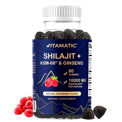 Vitamatic Shilajit with KSM-66® Ashwagandha & Ginseng 10,000 mg Equivalent Per Serving – Natural Raspberry Flavor – 60 Vegan Gummies - Made in USA
