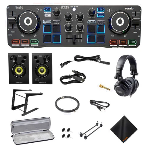 Hercules DJ Starter Kit - Starlight USB DJ Controller with On-Stage Laptop Stand, Waith Hard Carry Travel Case and Waith Cleaning Cloth - Serato DJ Lite Software Include (Bundle Set)