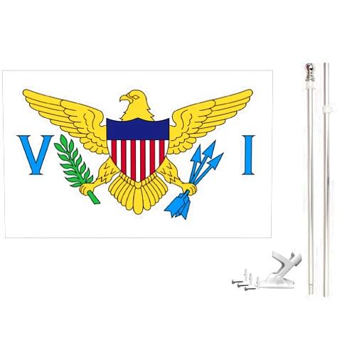 Cobb Promo 6ft Flagpole, Tangle Free Spinning Aluminum Telescopic Flag Pole and Mount for 3x5ft or 2x3ft Flags, Includes a 3x5 U.S. Virgin Islands National Flag (6' Silver) (White Mount)