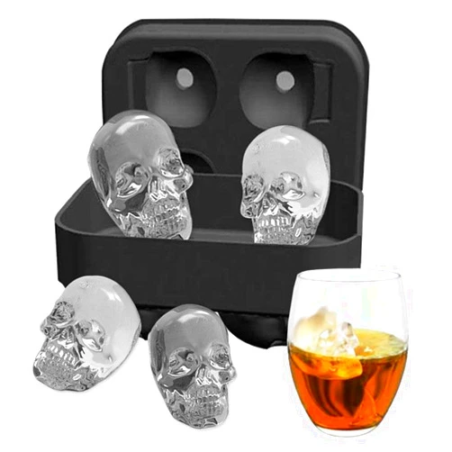 IPstyle Ice Mold Skull 3D Flexible Silicone Ice Cube Molds Maker Tray, 4 Giant Skulls, Round Ice Cube Maker