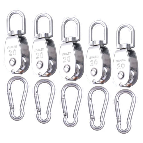 Shitime 5 Pcs M20 Single Pulley Block, 304 Stainless Steel Lifting Crane Swivel Pulley, Wire Rope Hanging Pulley Wheel, with 5 Pcs Spring Snap Hook