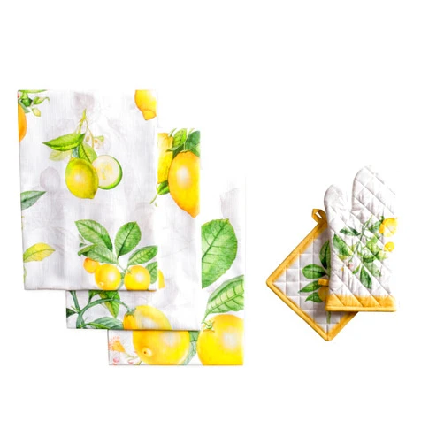 Maison d' Hermine Limoncello Bundle Set 100% Cotton Set of 3 Kitchen Towels (20 Inch by 27.5 Inch) and Oven Mitt (7.5 Inch by 13 Inch)/Pot Holder (8 Inch by 8 Inch)