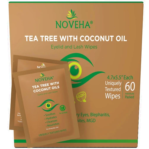 NOVEHA Tea Tree & Coconut Oil Eyelid & Lash Wipes | For Demodex, Blepharitis & Itchy Eyes, Box Of 60 Individually Wrapped Eyelash Wipes With Aloe Vera, Natural Makeup Remover & Daily Eye Cleanser