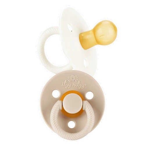 Itzy Ritzy Natural Rubber Pacifiers (Set of 2) – Baby Pacifiers with Cherry-Shaped Nipple & Large Air Holes for Added Safety; Set of 2 Binkies in Coconut & Toast (Ages 6 – 18 Months)