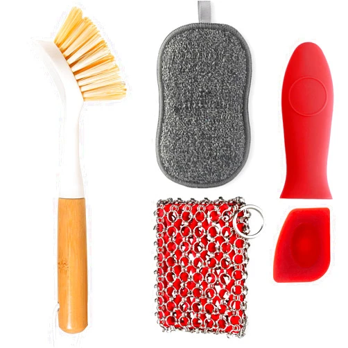 TEZZ 5 Pieces Cast Iron Cleaner Kit Include Stainless Steel Chainmail Scrubber, Dish Scrub Brush, Dual Sided Kitchen Dish Scrubber Sponge, Hot Handle Holder For Cleaning Cast Iron Skillets, Pot & Pans