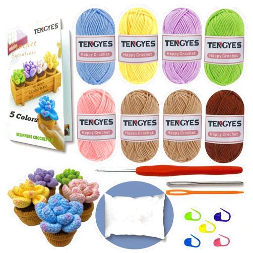 TENGYES Crochet Kit for Beginners - 5Pcs Succulents, Beginner Crochet Starter Kits for Complete Beginners Adults and Kids, Crocheting Knitting Kit with Step-by-Step Video Tutorial