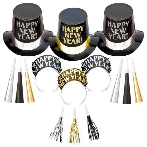 amscan Midnight Elegance Black, Gold and Silver 2025 New Year's Eve Party Decorations Supplies for 10, Includes Top Hats and Tiaras
