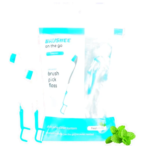 Brushee The Evolution of Oral Care | 3-in-1 Tool (Pre-Pasted Mini-Brush + Floss + Pick) | Individually Wrapped | Disposable | Prepasted Travel Toothbrushes | Small Adult Toothbrush - (24-Pack)
