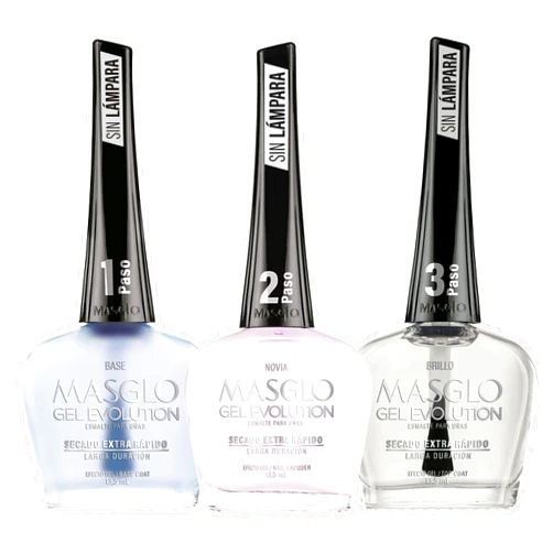 MASGLO GEL EVOLUTION Nail Polish Gel Effect, No UV/Led Lamp, Duration Up to 12 days, 3 PCs - Kit Base, Esmalte Novia, Brillo - Efecto Gel sin lampara UV/Led, hasta 12 días de duración 0,5 Fl. Oz.