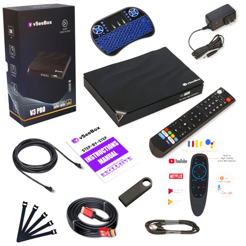 Generic 2024 V3 SeeBox V3 Pro Bundle with Voice Control, 8K HDMI Cable, 64GB USB, Backlit Keyboard, Ethernet Cable, Air Mouse, Cable Ties (Detailed Setup Guide, CA Support) - 4GB RAM, 64GB Storage