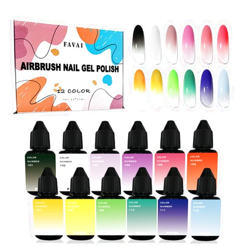 FAVAI Airbrush Gel Nail Polish 12 Colors Air Gel Set Spring Summer Collection for Baby Boomer Nail Art Design Stickers French Manicures Stencils Paint 10ml/0.33 Fl oz Long Lasting Without Dilution