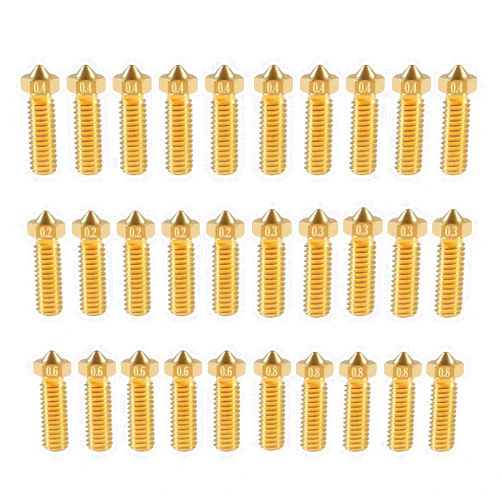 AEDIKO 30pcs V6 Volcano Brass Nozzle Kit 0.2mm 0.3mm 0.4mm 0.6mm 0.8mm Extra Extruder Nozzles 0.4mm M6 1.75mm Filament for 3D Printer Part
