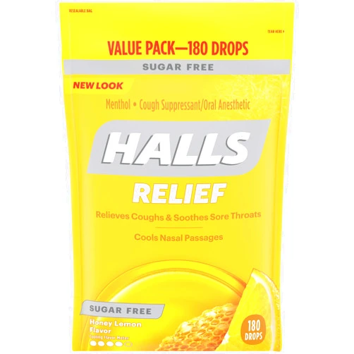 HALLS Sugar Free Honey Lemon Flavor Cough Drops, 1 Bag (180 Total Drops)