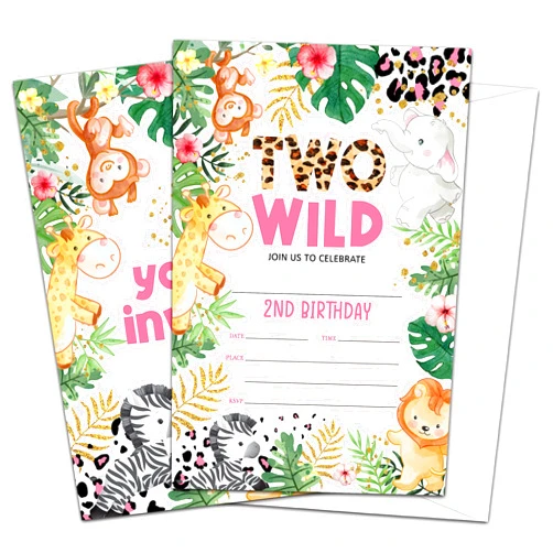 Ymyfdyj Two Wild Leopard Birthday Party Invitations, Safari Animals 2nd Birthday Invitations Cards for Kids, Girl Fill in The Blank Birthday Party Invites, 20 Invitation Cards With 20 Envelopes - D13