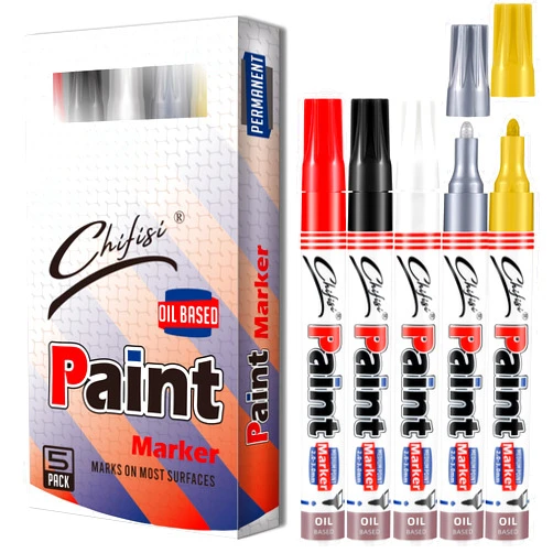 Chifisi Permanent Oil-Based Paint Marker Pens,Never Fade Paint Pens,Medium Tip Quick Dry And Waterproof 5 Colors Paint Markers For Plastic,Metal,Glass,Wood,Rock,Fabric,DIY Craft And More