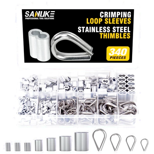 Sanuke 340PCS Stainless Steel Wire Rope Cable Thimbles Aluminum Crimping Loop Sleeve 3/64'' 1/16'' 5/64'' 3/32'' 3/16'' for Wire Rope Cable Thimbles Rigging