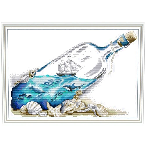 YEESAM ART Cross Stitch Kits Stamped for Adults Beginner Kids, Blue Sea in a Bottle 11CT 54×38cm DIY Embroidery Needlework Kit with Easy Funny Preprinted Patterns Needlepoint Christmas (Bottle)