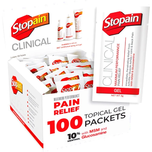 Stopain Pain Relief Clinical Gel Packets, 100 Pack, USA Made, Max Strength Fast Acting with MSM, Glucosamine, Menthol for Arthritis, Lower Back Sciatica, Knee, Neck HSA FSA Topical Analgesic Products