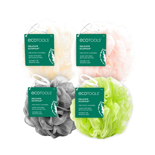 EcoTools Delicate EcoPouf 4 Pack, Loofah Sponge for Bath & Shower, Recycled Netting, Gentle Exfoliation, Pouf for Body Wash, Eco-Friendly Bath Accessory, Cruelty-Free, Color May Vary, (60g Each)
