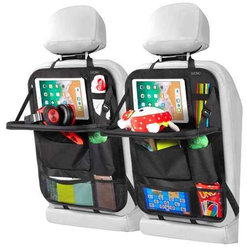 LUCMO Car Backseat Organizer with Touch Screen Tablet Holder,9 Storage Pockets Storage Organizer,Protectors Kick Mats Travel Accessories (Black, 2 Pack with Food Tray)