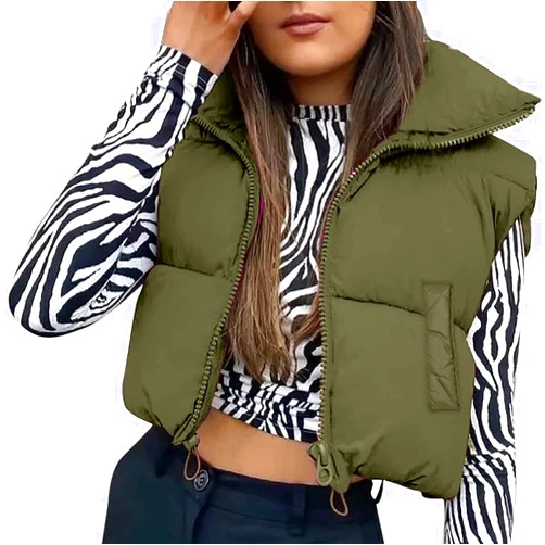 SUNSIOM Women's Zip Up Stand Collar Crop Puffer Vest Sleeveless Winter Warm Outerwear Double Sided Lightweight Crop Jackets