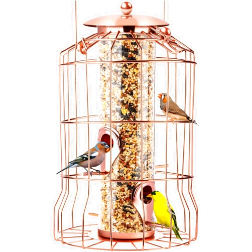 Gray Bunny Squirrel Proof Bird Feeder for Outdoors Hanging (Rose) - Metal Seed Birdfeeder, 4 Ports, Chew-Proof Weather Resistant Outside Backyard Birding Watching Gifts