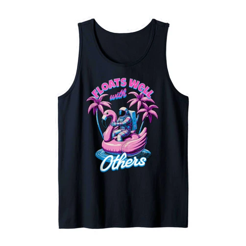 BizzyflyUSA Floats Well With Others Astronaut Flamingo Float Lazy River Tank Top